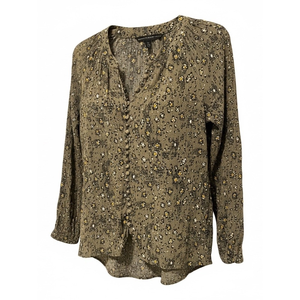 White‎ House Black Market XS Olive Floral Boho Split-Neck Button long sleeve top
